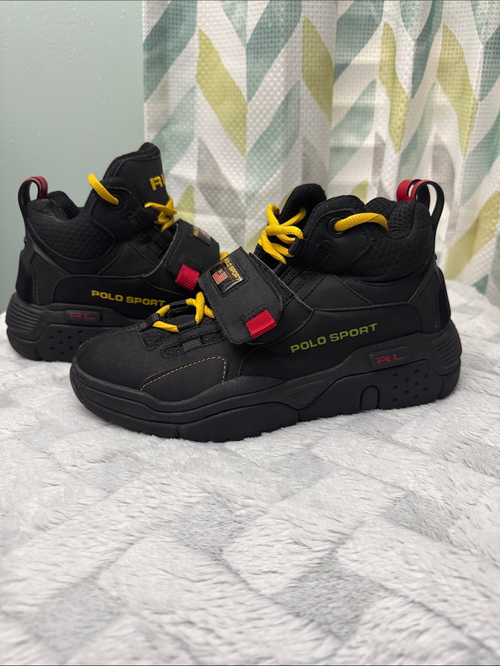 Polo by Ralph Lauren Kids Black High-Top Sneakers with Yellow Laces and Red Tabs